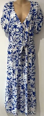 NUTMEG BLUE/WHITE FLORAL BUTTON CHEST MIDI DRESS SIZE 14