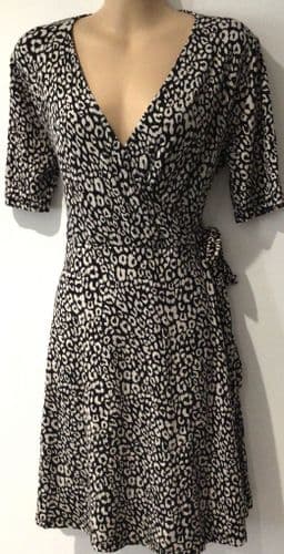 OASIS BEIGE/BLACK LEOPARD PRINT WRAP DRESS SIZE M 12