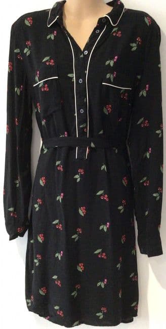 OASIS BLACK CHERRY PRINT SHIRT DRESS SIZE 12