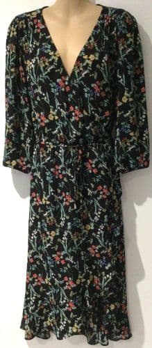 OASIS BLACK FLORAL WRAP MIDI DRESS SIZE 12