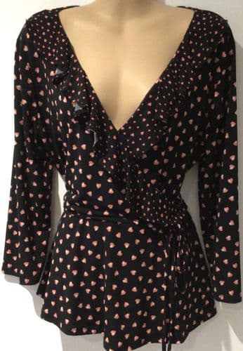 OASIS BLACK HEART FRILL WRAP TOP SIZE L 14