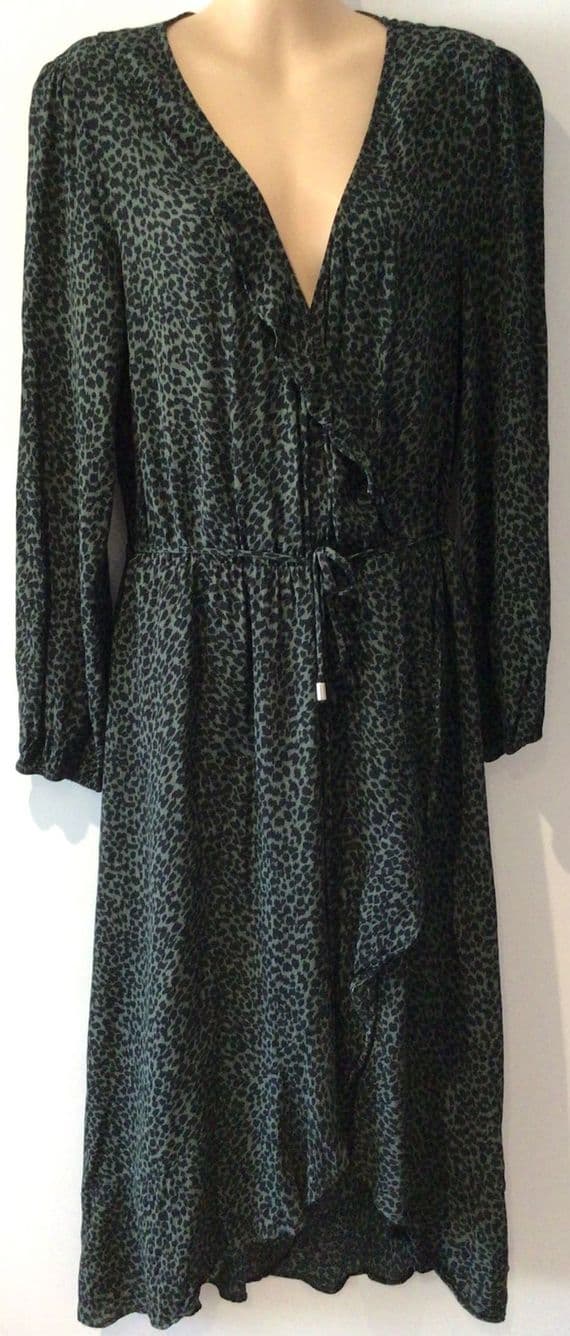 OASIS BLACK/KHAKI LEOPARD PRINT WRAP MIDI DRESS SIZE 14