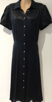 OASIS BLACK SILK BUTTON SHIRT MIDI DRESS SIZE 14