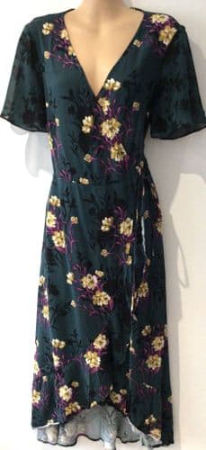 OASIS DARK GREEN FLORAL WRAP OCCASION MIDI DRESS SIZE 14
