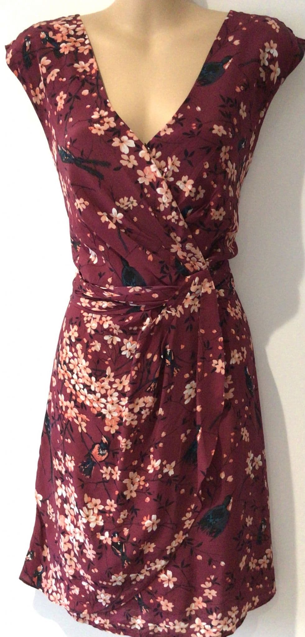 OASIS MAROON BIRD PRINT WRAP OCCASION DRESS SIZE 10