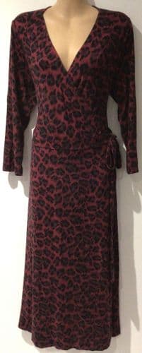 OASIS MAROON LEOPARD WRAP MIDI DRESS SIZE L 14