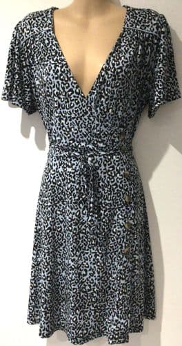 OASIS PALE BLUE/BLACK LEOPARD PRINT WRAP DRESS SIZE M 12