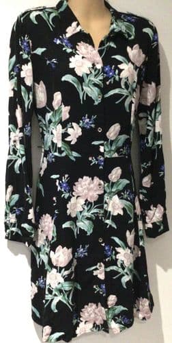 OASIS PALE PINK/BLACK FLORAL SHIRT DRESS SIZE M 12
