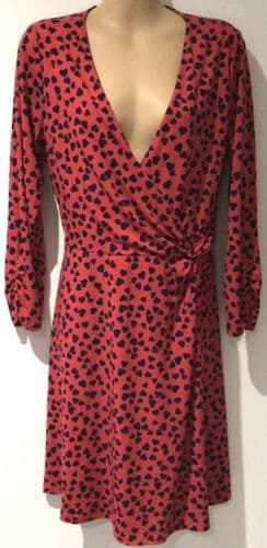 OASIS RED/NAVY HEART PRINT WRAP DRESS SIZE M 12