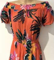 OLD NAVY CORAL TROPICAL PRINT SUMMER BARDOT DRESS SIZE XS 8/10