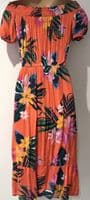 OLD NAVY CORAL TROPICAL PRINT SUMMER BARDOT DRESS SIZE XS 8/10