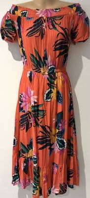 OLD NAVY CORAL TROPICAL PRINT SUMMER BARDOT DRESS SIZE XS 8/10