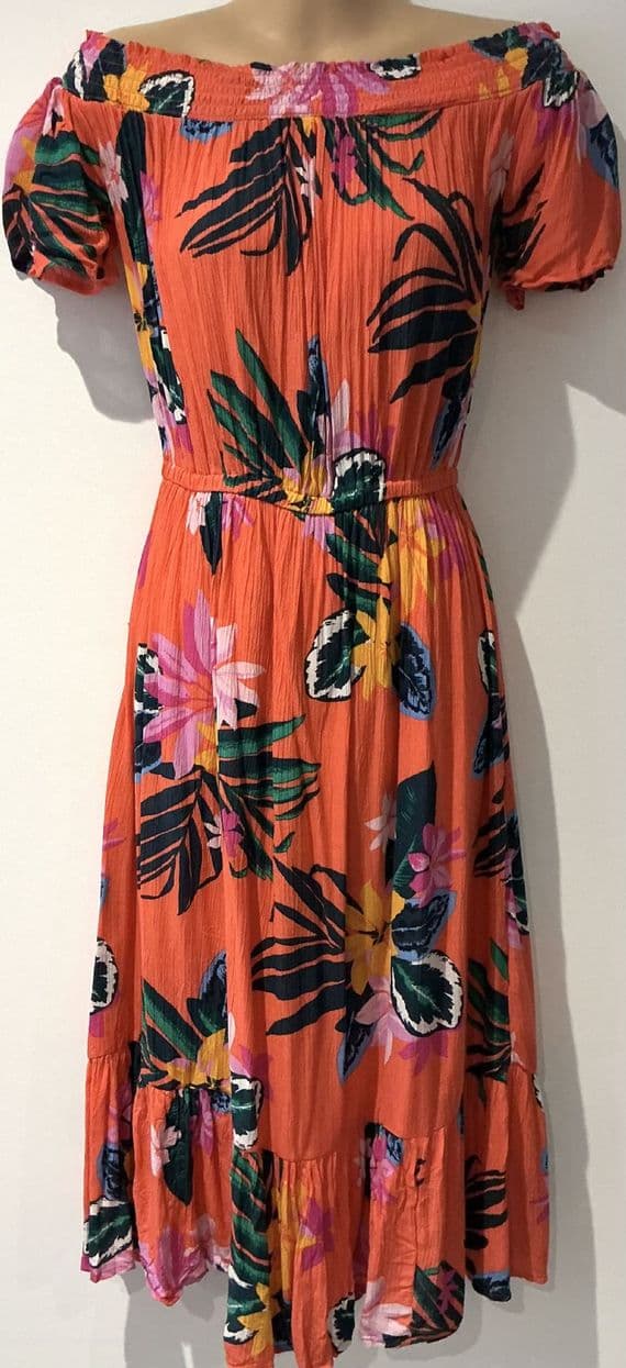 OLD NAVY CORAL TROPICAL PRINT SUMMER BARDOT DRESS SIZE XS 8/10