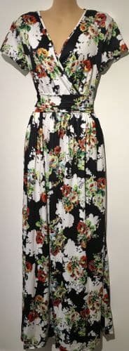 OUGES BLACK/WHITE FLORAL OCCASION CROSS OVER MAXI DRESS BNWT SIZE M 10-12