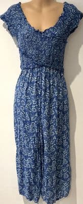 PATRONS OF PEACE BLUE FLORAL SHIRRED OFF SHOULDER JUMPSUIT SIZE S 8/10