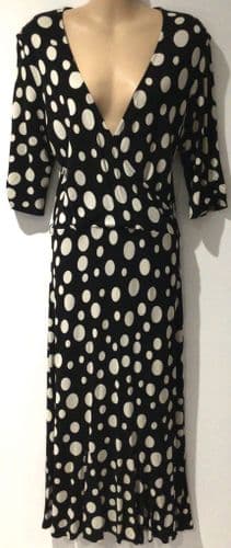 PHASE EIGHT BLACK SPOTTY WRAP MIDI DRESS SIZE 16