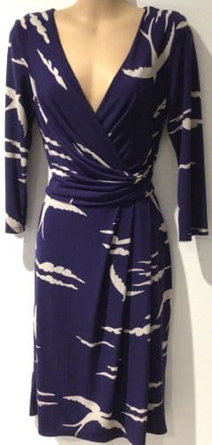 PHASE EIGHT INDIGO BIRD PRINT WRAP OCCASION DRESS SIZE 12