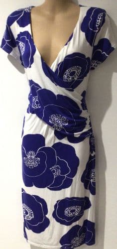 PHASE EIGHT WHITE/BLUE FLORALWRAP OCCASION DRESS SIZE 14