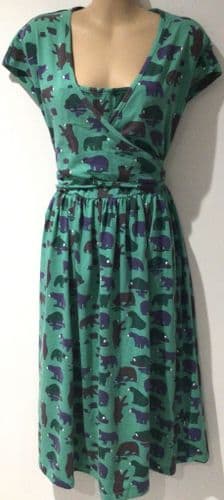 PICCALILLY GREEN BEAR PRINT WRAP NURSING JERSEY DRESS SIZE M 12/14