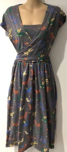 PICCALILLY GREY DRAGON PRINT WRAP NURSING JERSEY DRESS SIZE M 12/14