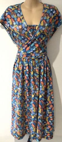 PICCALILLY ORGANIC BLUE JUNGLE WRAP NURSING JERSEY DRESS SIZE M 12/14