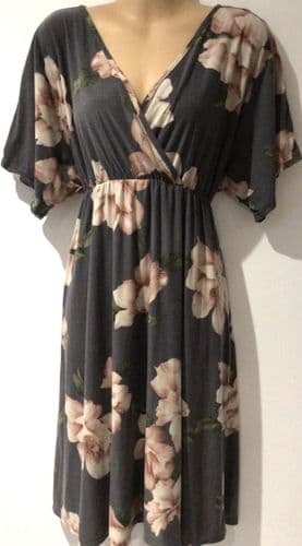 PINKBLUSH GREY FLORAL WRAP TUNIC DRESS SIZE 14/16
