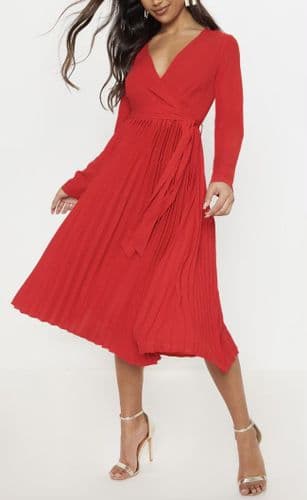 PLT PRETTY LITTLE THING RED PLEATED MIDI WRAP DRESS BNWT SIZE 10