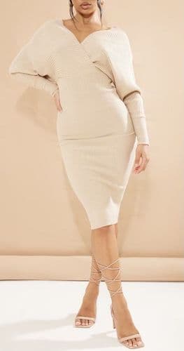 PLT PRETTY LITTLE THING STONE KNIT WRAP OFF GHE SHOULDER DRESS BNWT SIZE M 10/12