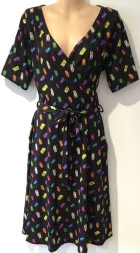 POPSY BLACK BRUSH STROKES WRAP JERSEY DRESS SIZE 12