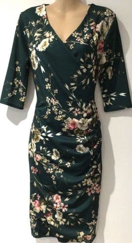 PRETTY KITTY FASHION GREEN FLORAL OCCASION MIDI WRAP WIGGLE DRESS SIZE 12