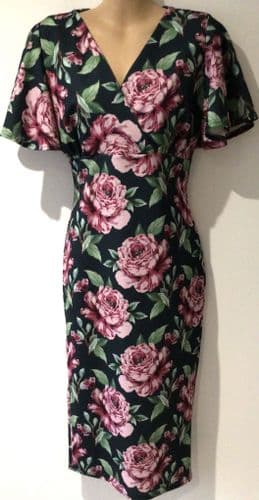 PRETTY KITTY FASHION GREEN PEONY OCCASION MIDI WRAP WIGGLE DRESS BNWT SIZE 12