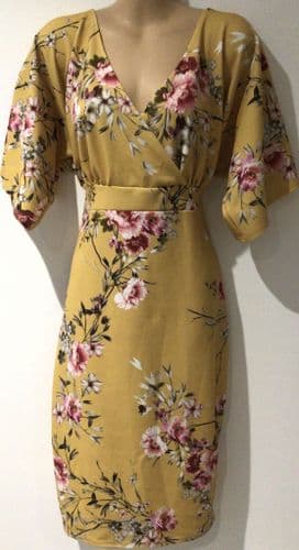 PRETTY KITTY FASHION YELLOW FLORAL OCCASION MIDI WRAP WIGGLE DRESS SIZE 12
