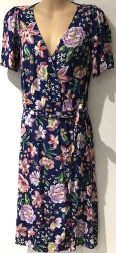 PROMOD BLUE FLORAL WRAP DRESS SIZE 10/12