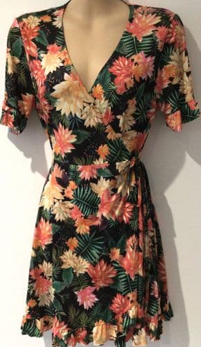 PULL & BEAR TROPICAL FLOWER WRAP DRESS SIZE M 10/12