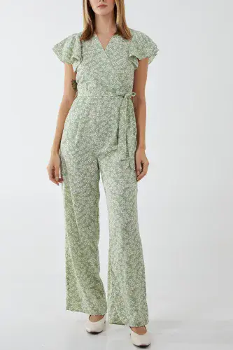 QED MINT GREEN WRAP FRILL SLEEVE JUMPSUIT NEW SIZES 8-16