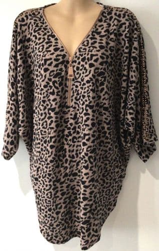QUIZ ROSE LEOPARD PRINT KNIT ZIP FRONT JUMPER L 14/16