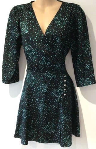 RIVER ISLAND BLACK/TEAL HEART PRINT WRAP DRESS SIZE 12