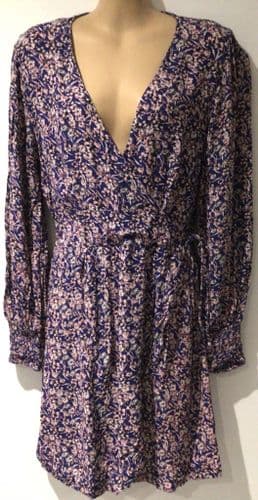 RIVER ISLAND BLUE/PINK FLORAL LONG SLEEVED WRAP DRESS SIZE 12
