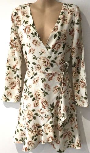 RIVER ISLAND IVORY PEONY PRINT WRAP DRESS SIZE 12