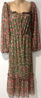 RIVER ISLAND MATERNITY GREEN/PINK FLORAL PEASANT MIDI DRESS SIZE 16