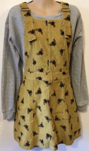 RUN & FLY OCHRE CORDUROY BEE PRINT DUNGAREE/PINAFORE DRESS SIZE 12