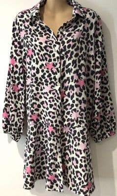 SARTA IVORY/PINK LEOPARD STAR PRINT BUTTON SHIRT TUNIC DRESS SIZE L 16-18