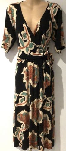 SERAPHINE BLACK AUTUMN LEAF WRAP MIDI DRESS SIZE 14
