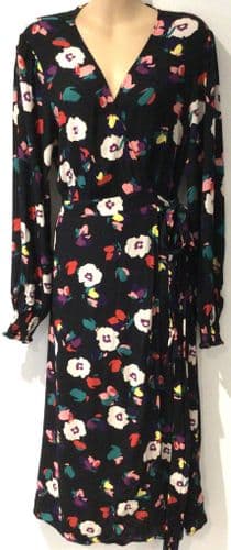 SERAPHINE BLACK FLORAL WRAP MIDI DRESS SIZE 14