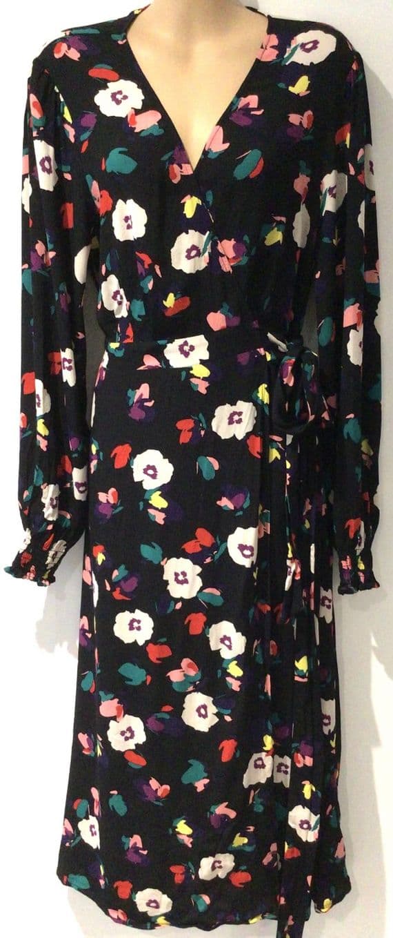 SERAPHINE BLACK FLORAL WRAP MIDI DRESS SIZE 14