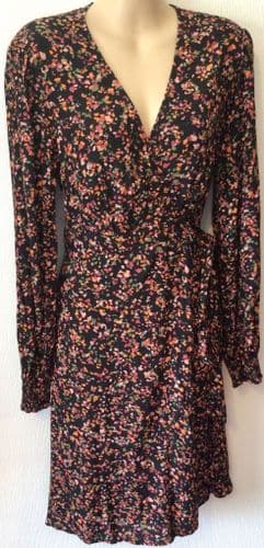SERAPHINE BLACK/ORANGE PETAL PRINT LONG SLEEVED WRAP DRESS SIZE 14