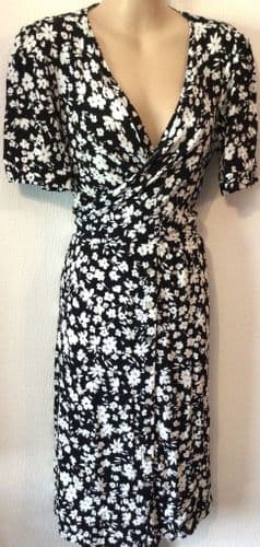 SERAPHINE BLACK/WHITE FLORAL OCCASION WRAP MIDI NURSING DRESS SIZE 12 (1)