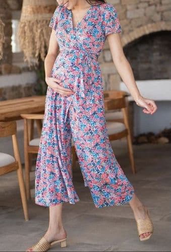 SERAPHINE BLUE/CORAL FLORAL NURSING/MATERNITY JUMPSUIT SIZE 14