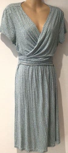 SERAPHINE DUCK EGG BLUE SPOTTY WRAP JERSEY DRESS SIZE M 12/14