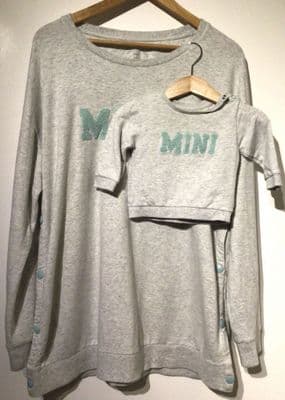 SERAPHINE GREY NURSING MAMA SWEATER SIZE M 12/14 + TWINNING BABY TOP AGE 0-6m